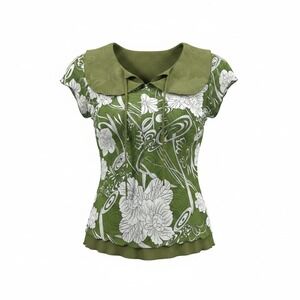 Standard USA Green Floral Peter Pan Collar Tie Neck Blouse Top 2XL Olive White